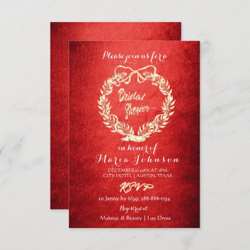 Bridal Shower Floral Wreath Faux Gold Red Wine Invitation