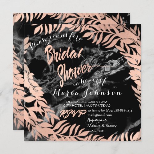 Bridal Shower Floral Wreath Marble Black Rose Gold Invitation