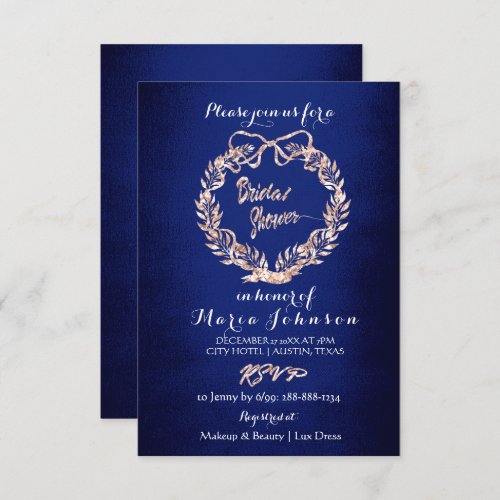 Bridal Shower Floral Wreath Rose Gold Blue Navy Invitation