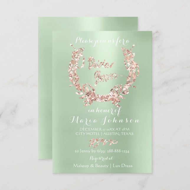 Bridal Shower Floral Wreath Rose Gold Mint Green Invitation (Front/Back)