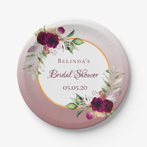 Bridal Shower florals burgundy cinnamon rose white Paper Plates