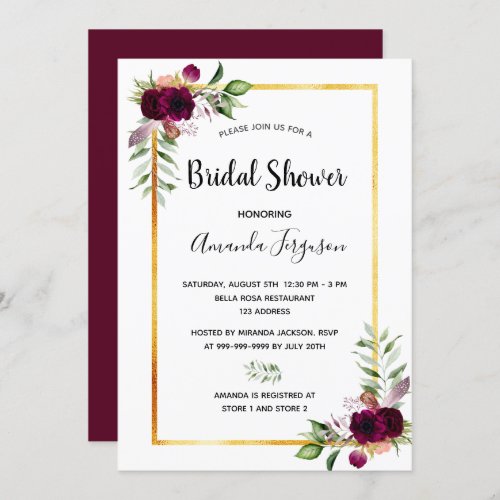 Bridal shower florals burgundy greenery boho invitation