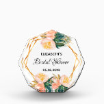 Bridal Shower florals coral gold geometric roses Acrylic Award<br><div class="desc">A trendy award for a bridal shower. With a faux gold hexagon geometrical shaped frame. Decorated with watercolored dusty roses in white and Coral and green olive branches. Elegant white background. Templates for the bride's name and a date. With the text: Bridal Shower written with a hand lettered style script....</div>