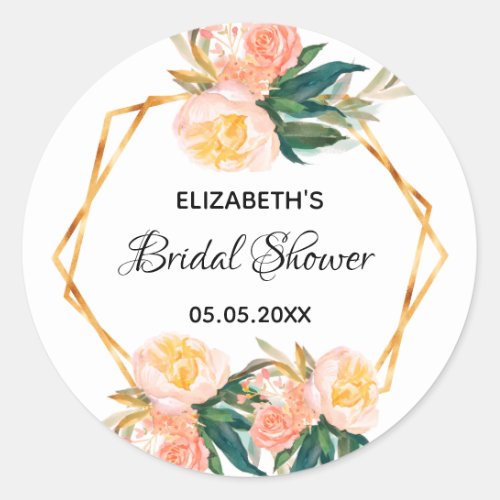 Bridal Shower florals coral gold geometric roses Classic Round Sticker