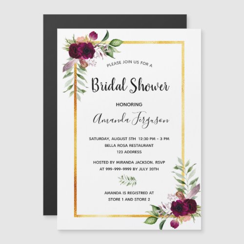 Bridal shower florals gold greenery boho burgundy magnetic invitation