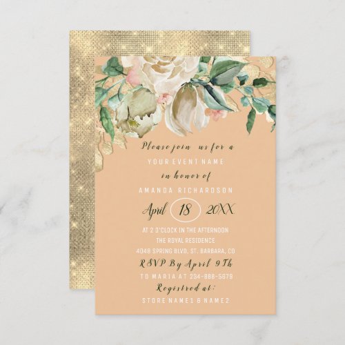 Bridal Shower Flower Brunch Coral Green Gold Rose Invitation