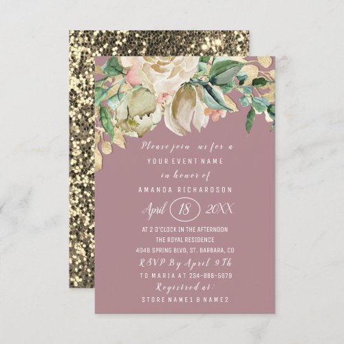 Bridal Shower Flower Brunch Green Glitter Rose Invitation