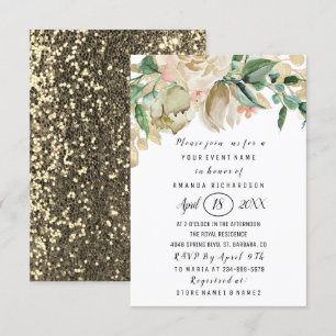 Bridal Shower Flower Brunch Green Glitter White Invitation