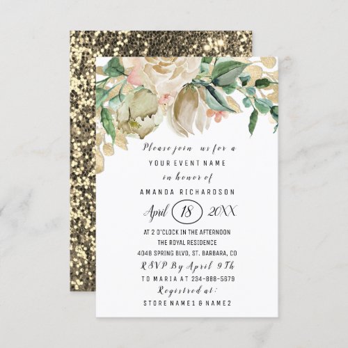 Bridal Shower Flower Brunch Green Glitter White Invitation