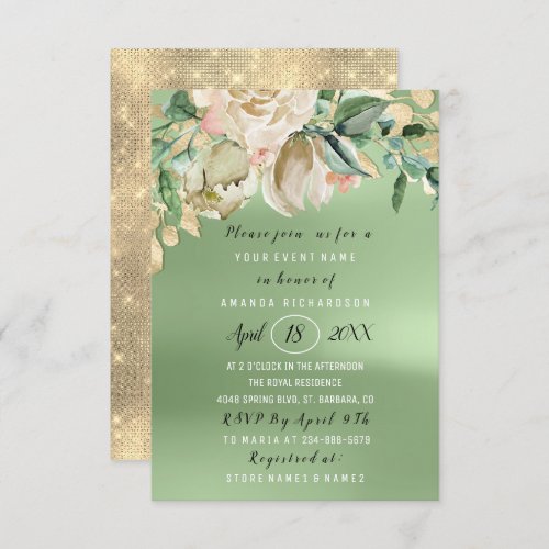 Bridal Shower Flower Brunch Green Gold Mint Meadow Invitation