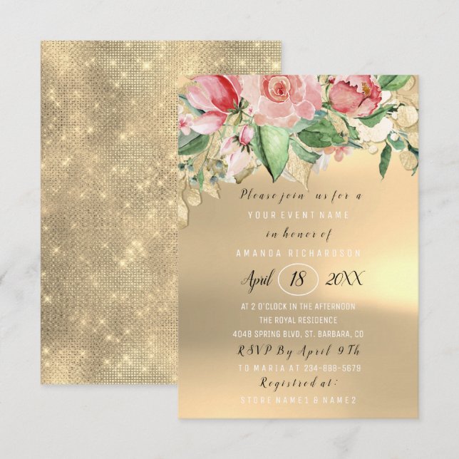 Bridal Shower Flower Brunch Green Gold Mint Roses Invitation (Front/Back)