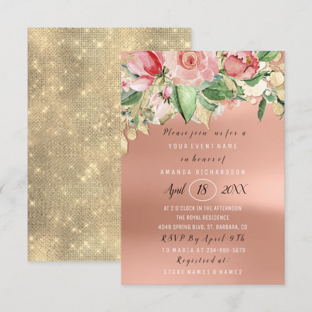 Bridal Shower Flower Brunch Green Gold Rose Blush Invitation (Front/Back)