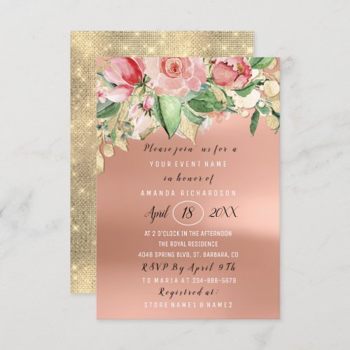 Bridal Shower Flower Brunch Green Gold Rose Blush Invitation