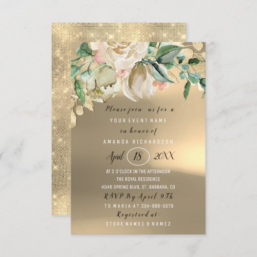 Bridal Shower Flower Brunch Green Gold Rose Rustic Invitation