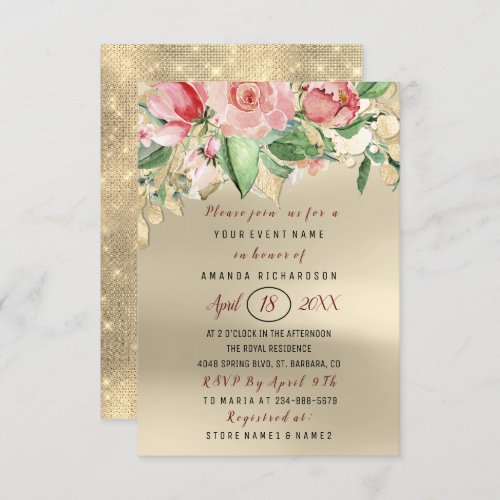 Bridal Shower Flower Brunch Green Gold Roses Cream Invitation