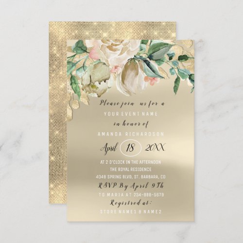 Bridal Shower Flower Brunch Green Gold Roses Ivory Invitation