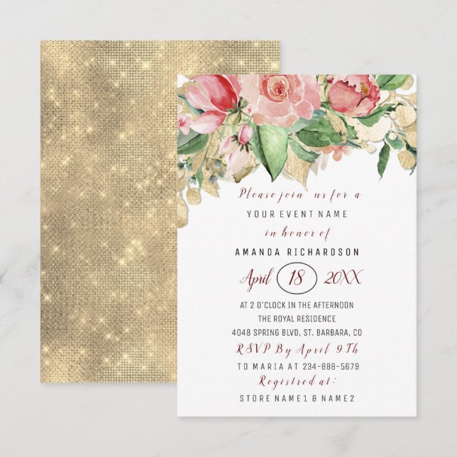 Bridal Shower Flower Brunch Green Gold Roses White Invitation (Front/Back)