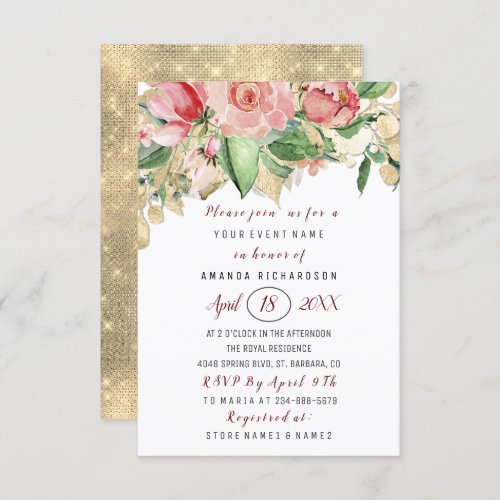 Bridal Shower Flower Brunch Green Gold Roses White Invitation