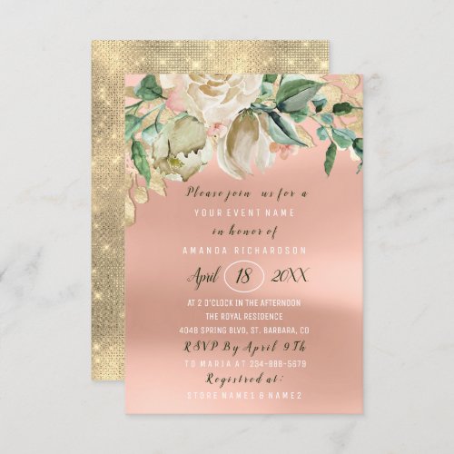 Bridal Shower Flower Brunch Green Peach Gold Roses Invitation