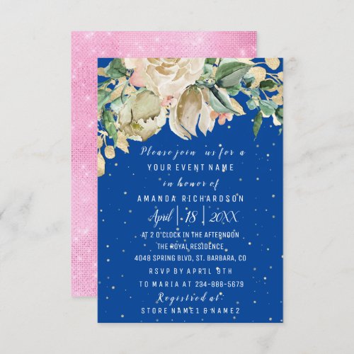 Bridal Shower Flower Brunch Greenery Blue Pink Invitation