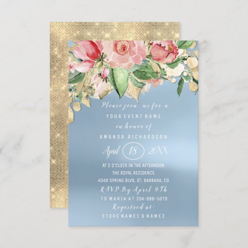 Bridal Shower Flower Brunch Greenery Gold Blue Invitation