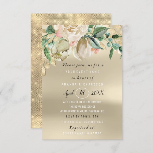 Bridal Shower Flower Brunch Greenery Ivory Gold Invitation