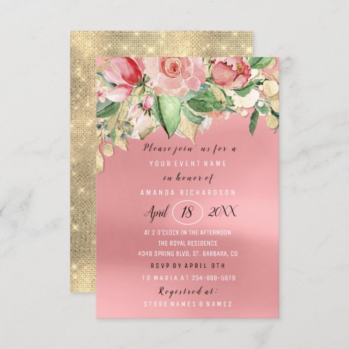 Bridal Shower Flower Brunch Greenery Roses Gold Invitation