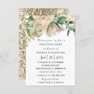 Bridal Shower Flower Brunch Greenery White Glitter Invitation