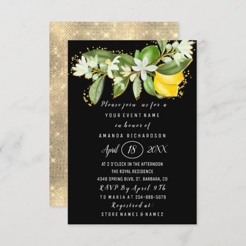 Bridal Shower Flower Brunch Lemon Green Black  Invitation