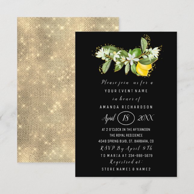 Bridal Shower Flower Brunch Lemon Green Black Invitation (Front/Back)