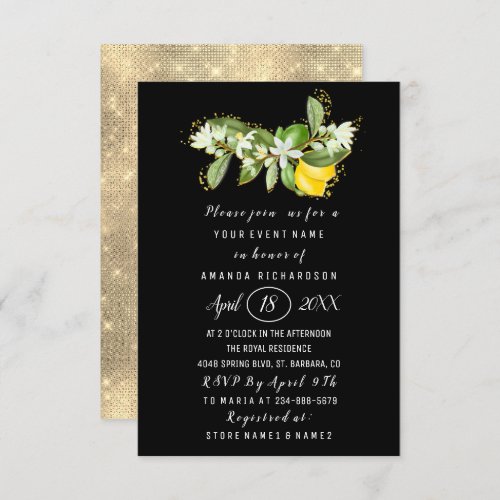 Bridal Shower Flower Brunch Lemon Green Black Invitation