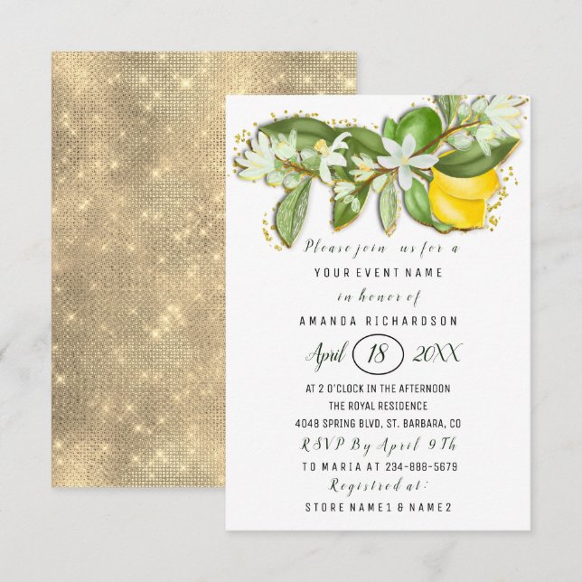Bridal Shower Flower Brunch Lemon Green White Invitation (Front/Back)