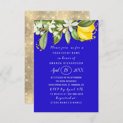 Bridal Shower Flower Brunch Lemon Royal Blue Invitation