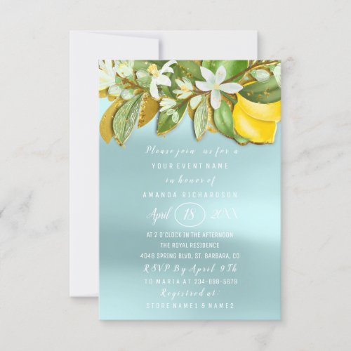 Bridal Shower Flower Brunch Lemon Tree Blue Invitation