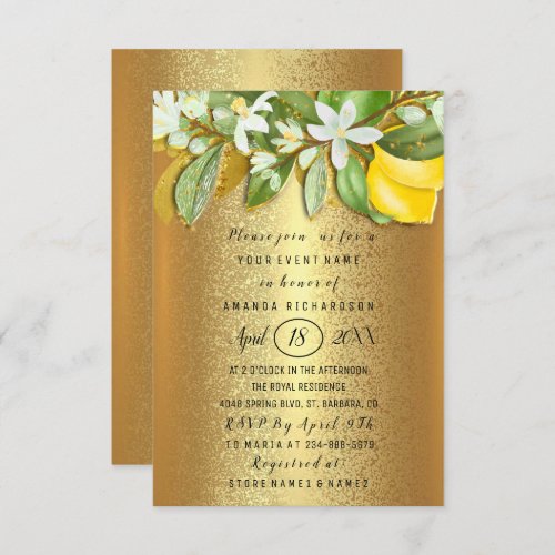 Bridal Shower Flower Brunch Lemon Tree Gold  Invitation
