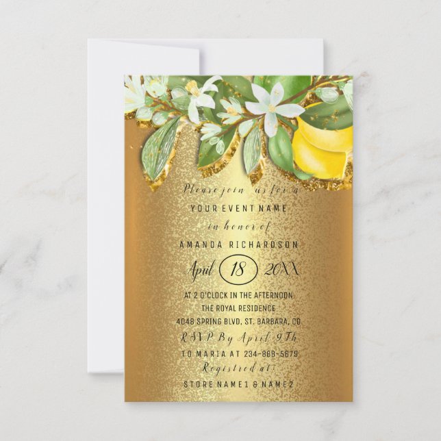 Bridal Shower Flower Brunch Lemon Tree Golden Invitation (Front)