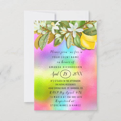 Bridal Shower Flower Brunch Lemon Tree Holograph Invitation