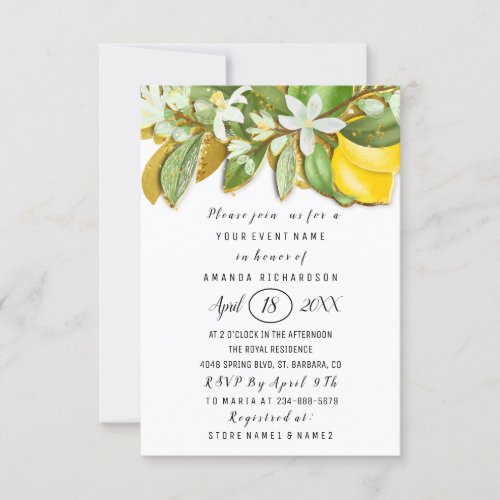 Bridal Shower Flower Brunch Lemon Tree White Invitation