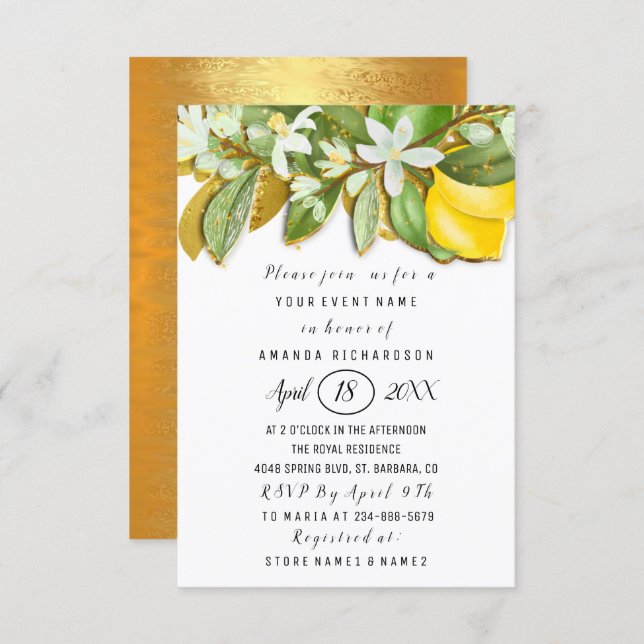 Bridal Shower Flower Brunch Lemon Tree Whites Invitation (Front/Back)