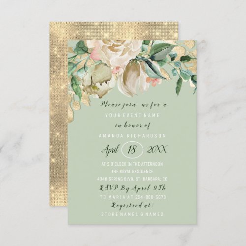 Bridal Shower Flower Brunch Meadow Green Gold Rose Invitation