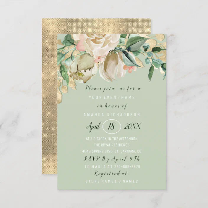 Bridal Shower Flower Brunch Meadow Green Gold Rose Invitation Zazzle Com