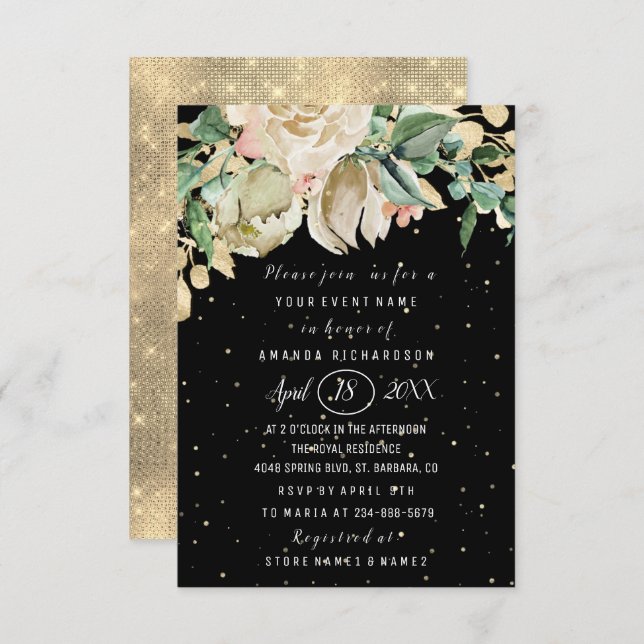 Bridal Shower Flower Brunch Mint Black Confetti Invitation (Front/Back)