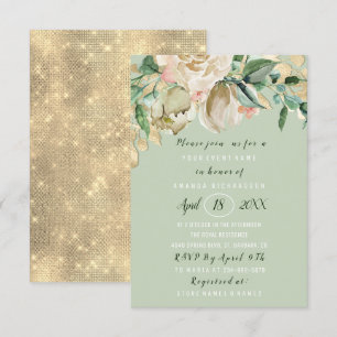 Bridal Shower Flower Brunch Mint Green Gold Roses Invitation