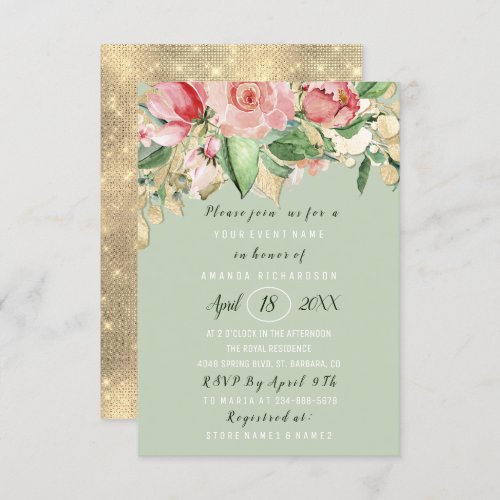 Bridal Shower Flower Brunch Mint Green Gold Roses Invitation