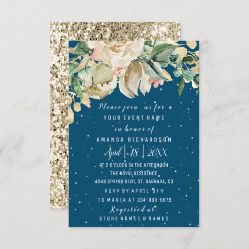Bridal Shower Flower Brunch Mint Navy Watercolor Invitation