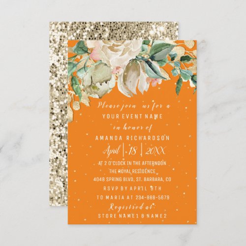 Bridal Shower Flower Brunch Mint Orange Watercolor Invitation