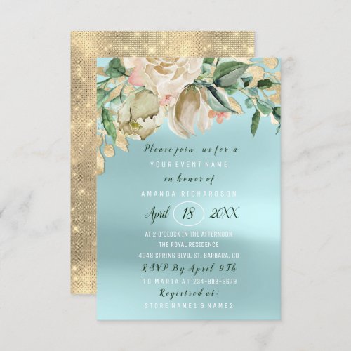 Bridal Shower Flower Brunch Mint Roses Blue Invitation