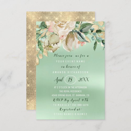 Bridal Shower Flower Brunch Mint Watercolor Gold Invitation