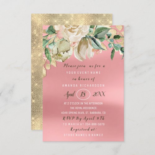Bridal Shower Flower Brunch Mint Watercolor Pink Invitation