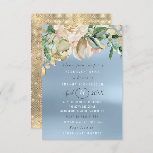 Bridal Shower Flower Brunch Spark Gold Blue Invitation (Front/Back)